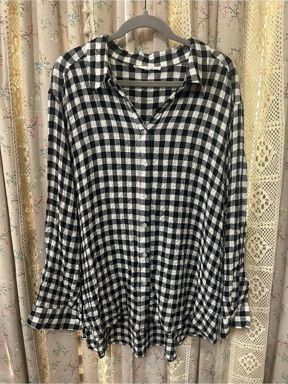 Jane + Delancey Black White Gingham Button Front Blouse 2X Crinkle Rayon